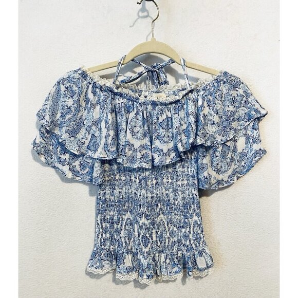 Surf Gypsy Tops - Surf Gypsy Top Womens Medium Blue Paisley Ruffle Off The Shoulder Boho Beachy